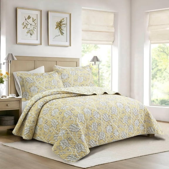 Cozy Line Home Fashions Flaxen Yellow Tan Brown Floral 3 Piece Cotton Quilt Bedding Set
