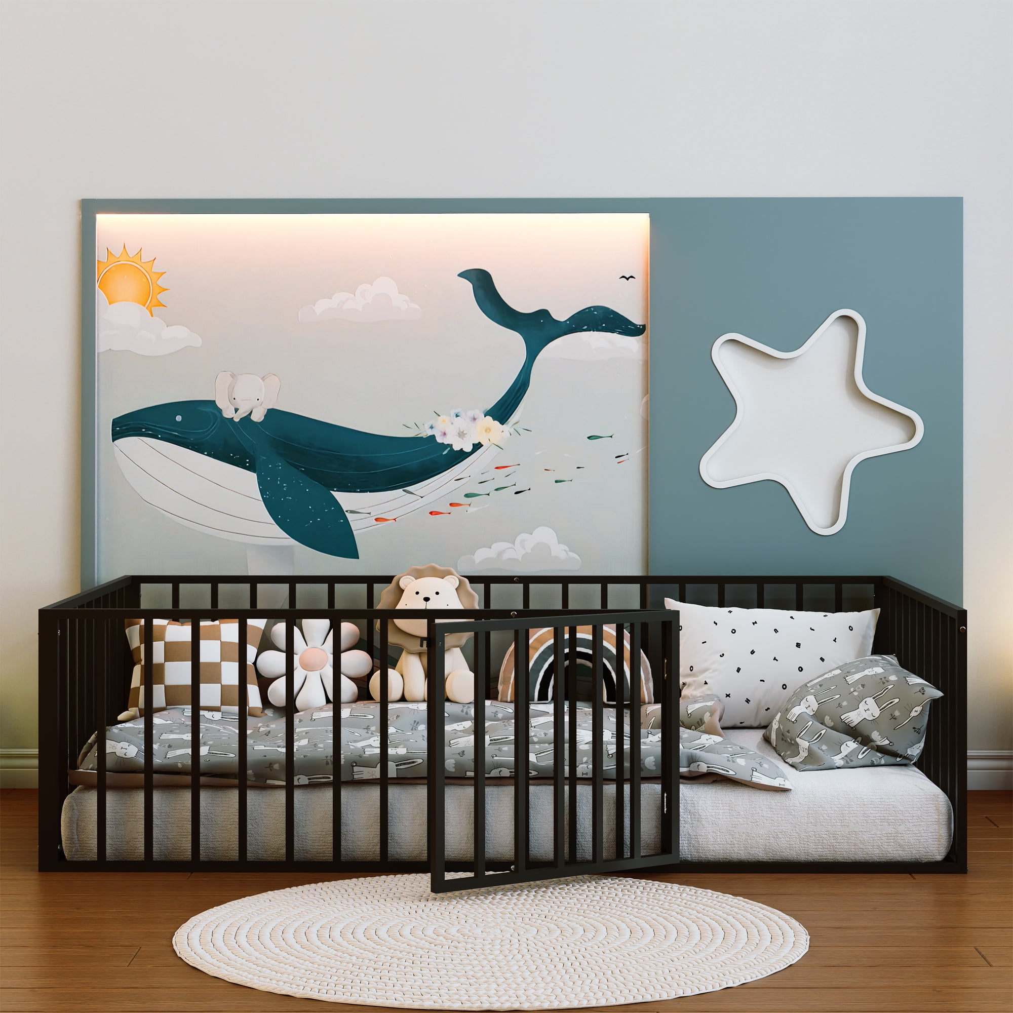 Twin Floor Bed with Door, Metal Montessori Floor Bed with Rails, Low-Profile Montessori Beds, Black