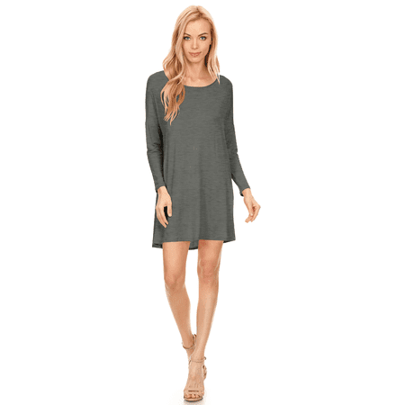 Women's Basic Tunic A-line Casual Short Dress, Long Sleeves, Round Neck, Made In USA