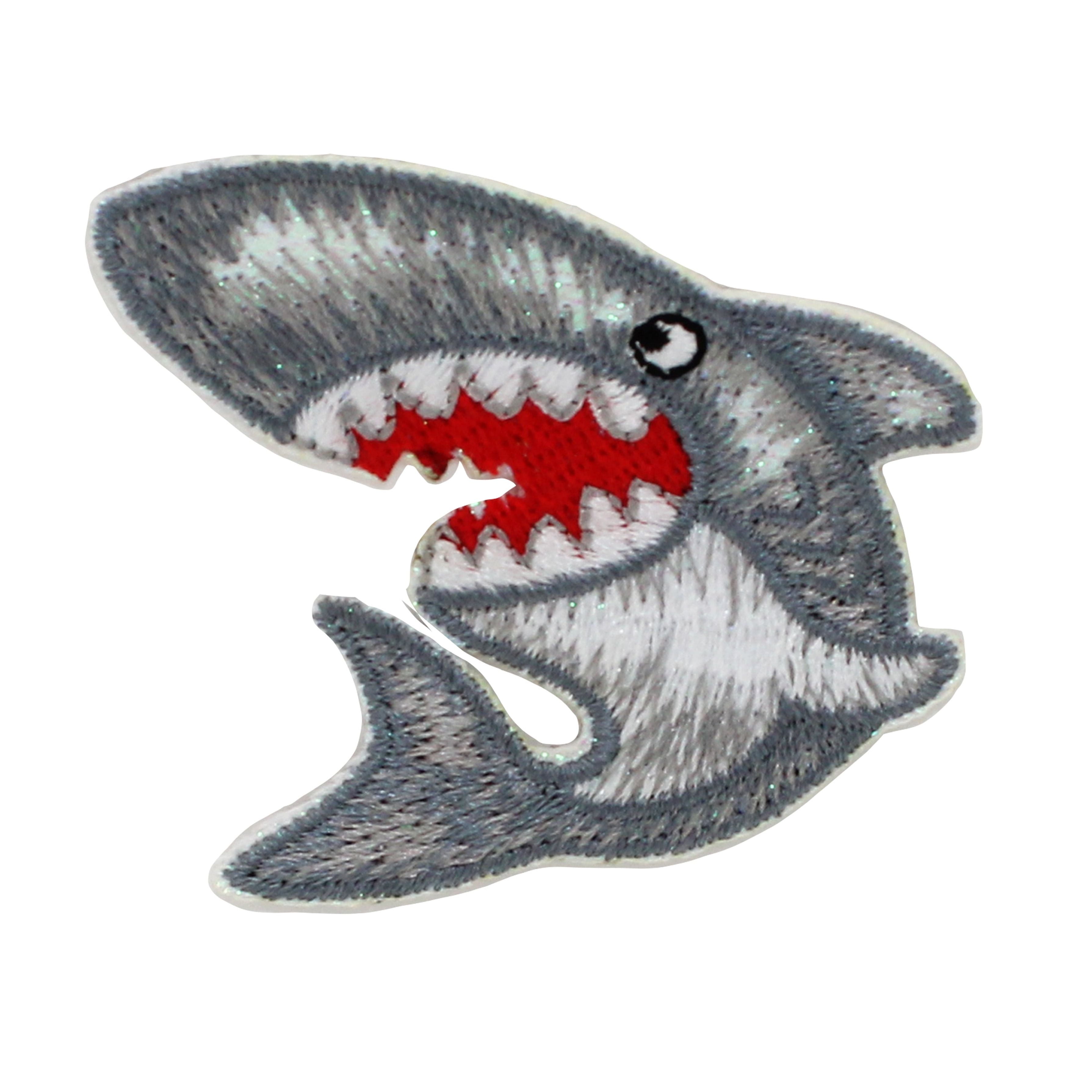 (2 pack) Gwen Studios Embroidered Gray Shark Iron-on Patch Applique, 2.2" x 2"
