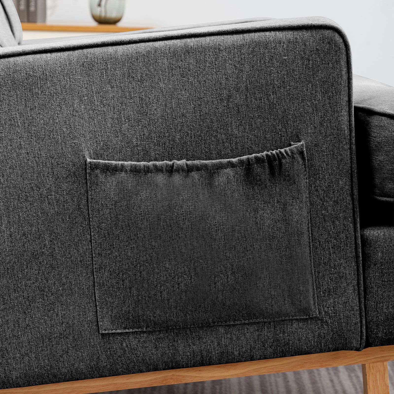 BALUS Modern Rubberwood Linen Rocking Accent Chair with Side Pocket, Dark Grey