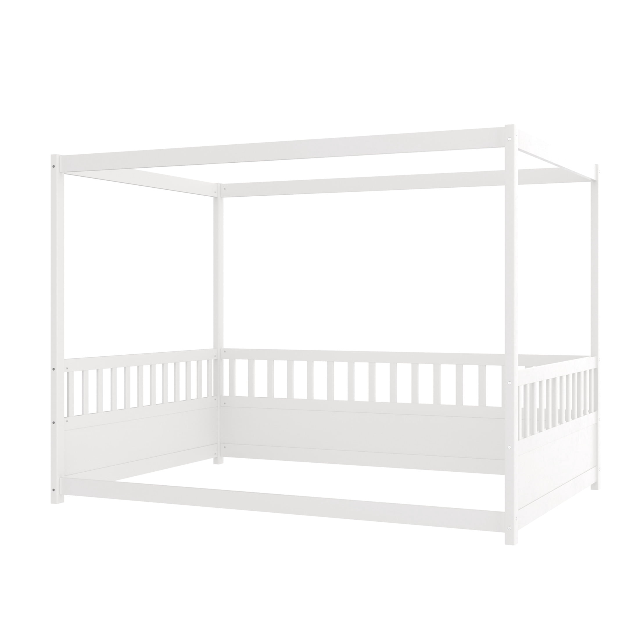 Noble House Full Size Montessori Canopy Floor Bed with 21.45" Guardrails, Bed Frame for Kids, White