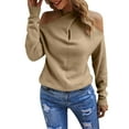 thumbnail image 1 of Gibobby Suéter Suelto con Estampado Casual Suéteres de color sólido para mujer, blusas casuales con hombros descubiertos, cuello en V cruzado, manga larga, suéteres con cuello Halter (Caqui, L), 1 of 5