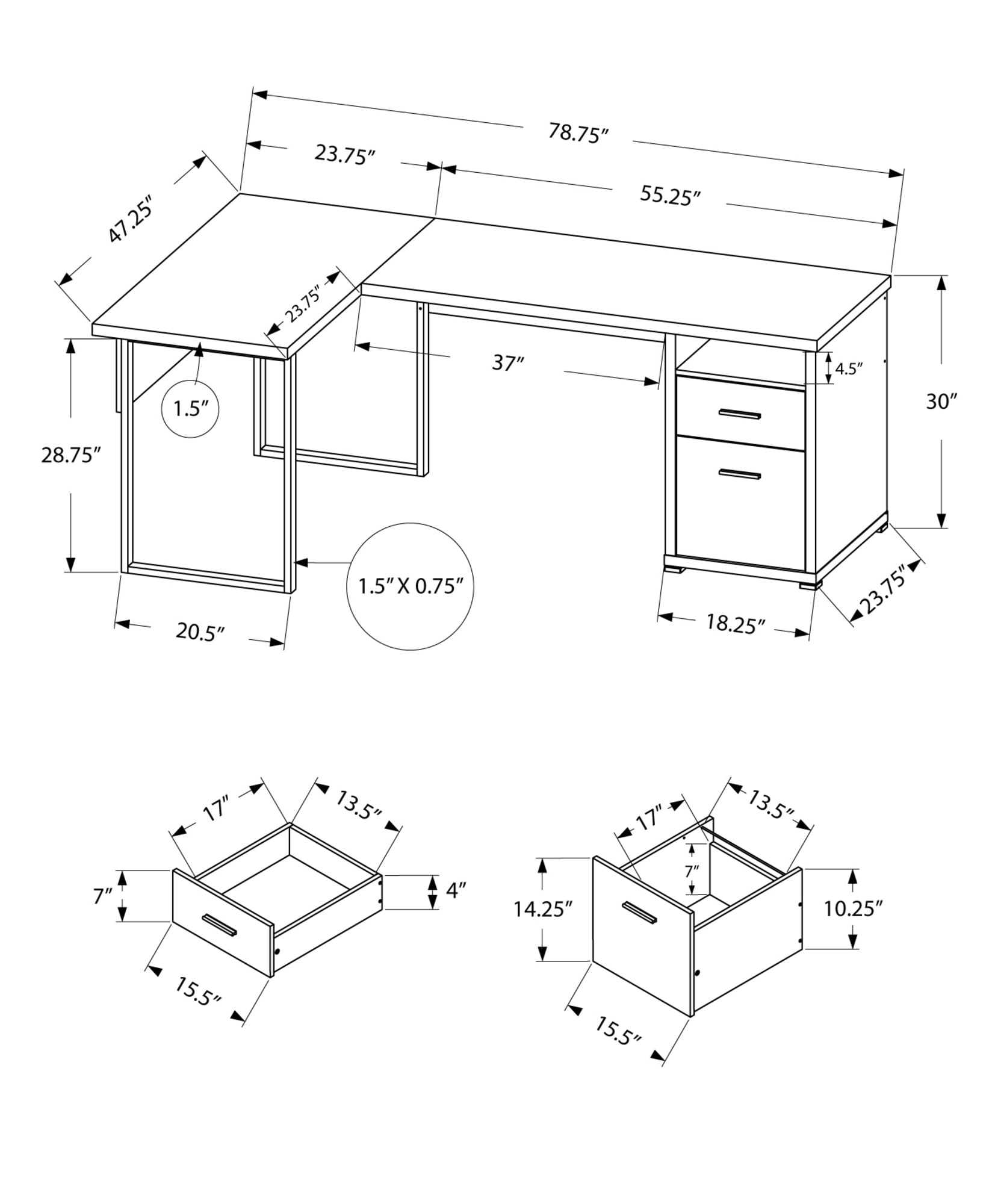Computer Desk - L-Shaped / Corner / 2 Drawers / 1 Cubby / Metal Legs / Reversible - 79"L X 47"W - Grey / Silver