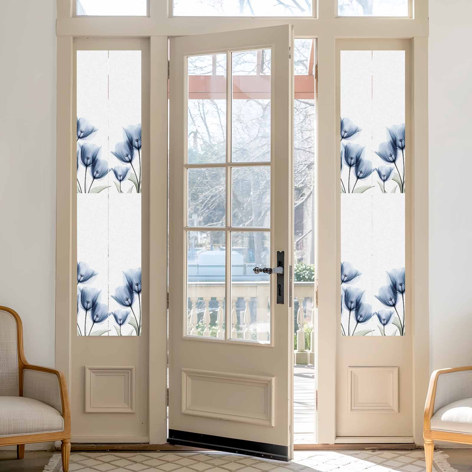 Sun Blocking Glass Window Film, Blue Tulips Floral Window Privacy Film Frosted, Spring Farmhouse Elegant Flowers Reusable Windows Privacy Sticker for Home Decor, Nursery, 23.6 x 78.7 Inches