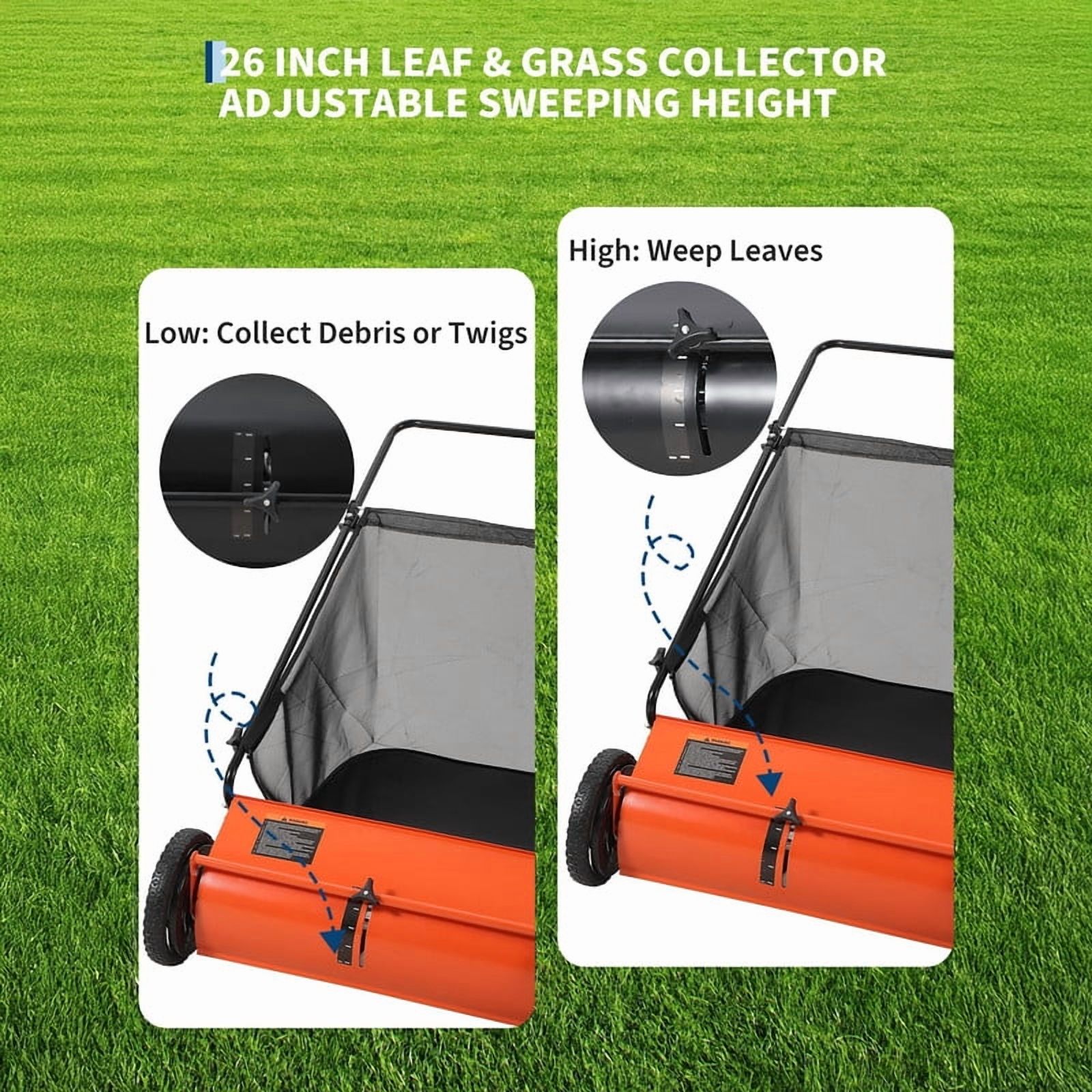 26" Heavy-Duty Push Lawn Sweeper - 4 Spinning Brushes, 7Ft³ Large Capacity Collection Bag, Adjustable Height for Grass, Leaves & Debris, Orange