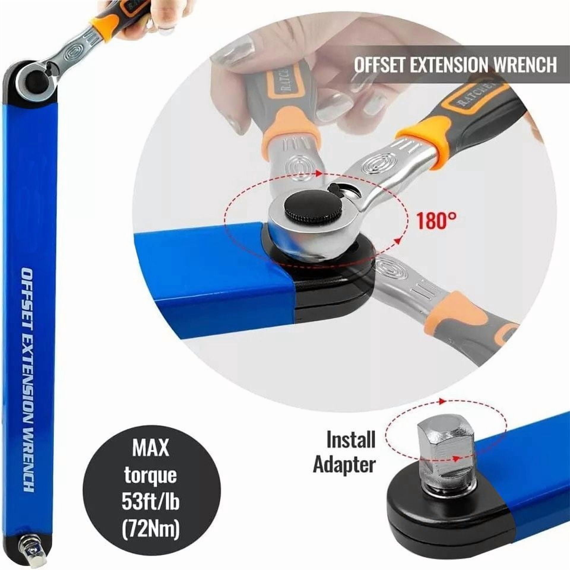 Impact Ready Offset Extension Wrench, Tight Reach Extension Wrench Set, With 1/2", 1/4" And 3/8" Square Drive Adapters, Universal Extensions Wrench For Small Place