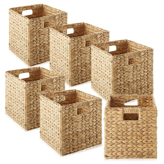 Set of 6 Hyacinth Storage Cubes, 10.5" Wicker Basket Bins for Shelves, Natural