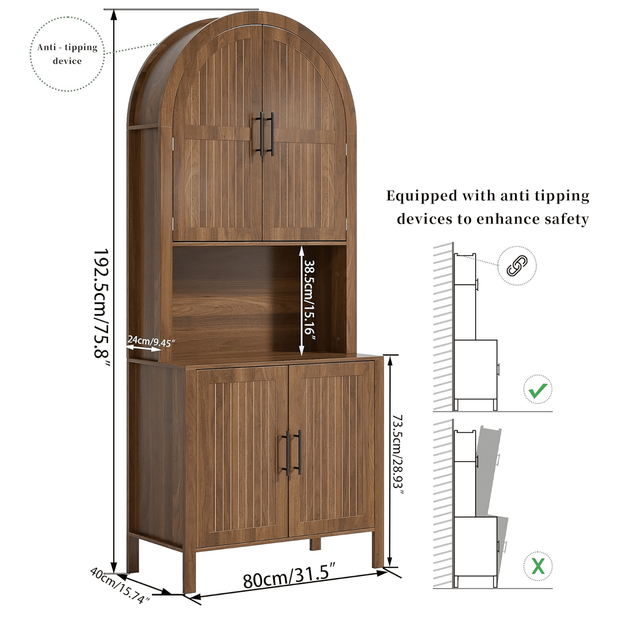 Oubayajia 75.8" Tall Arched Kitchen Pantry Storage Cabinets with Fluted Doors and Adjustable Shelves, Freestanding Cupboard for Kitchen, Dining Room and Living Room, Walnut