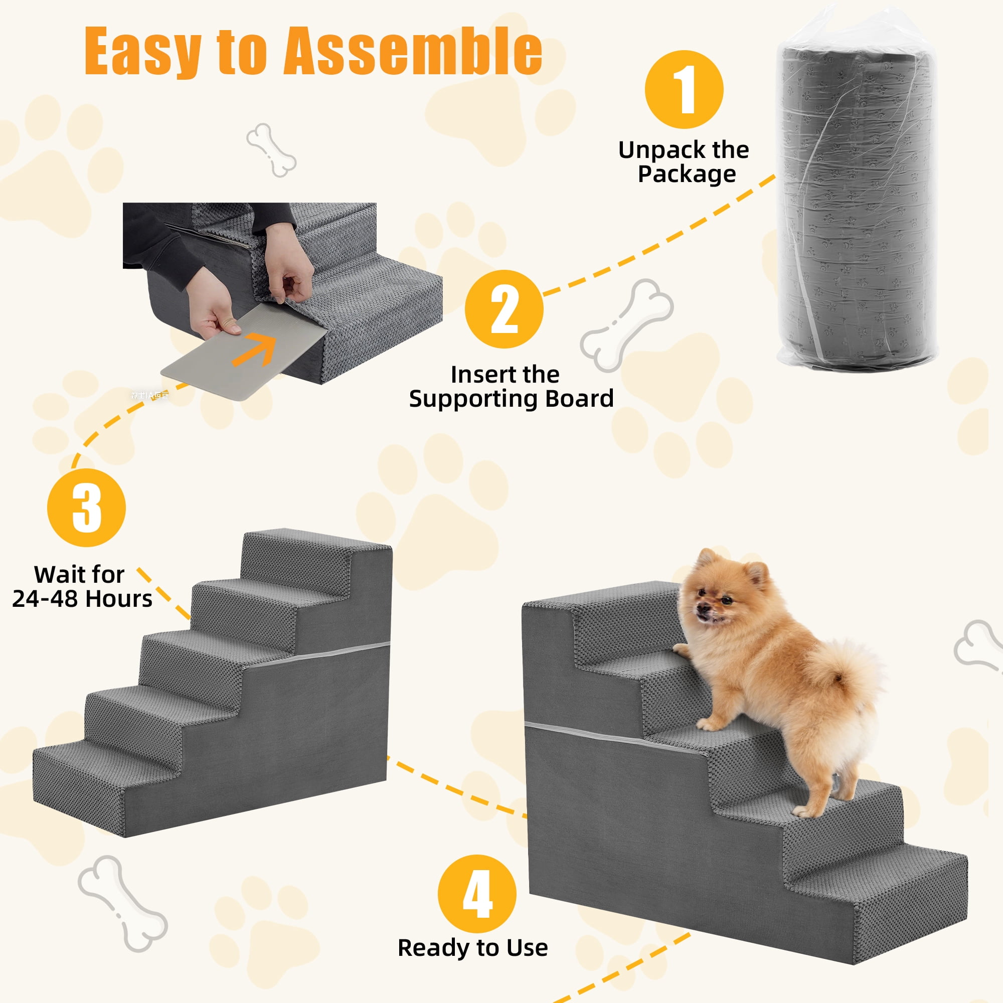 Gianna 24" Dog Stairs for Bed, 5-Step Non-Slip Pet Steps for Small Dogs and Cats, Indoor, Grey