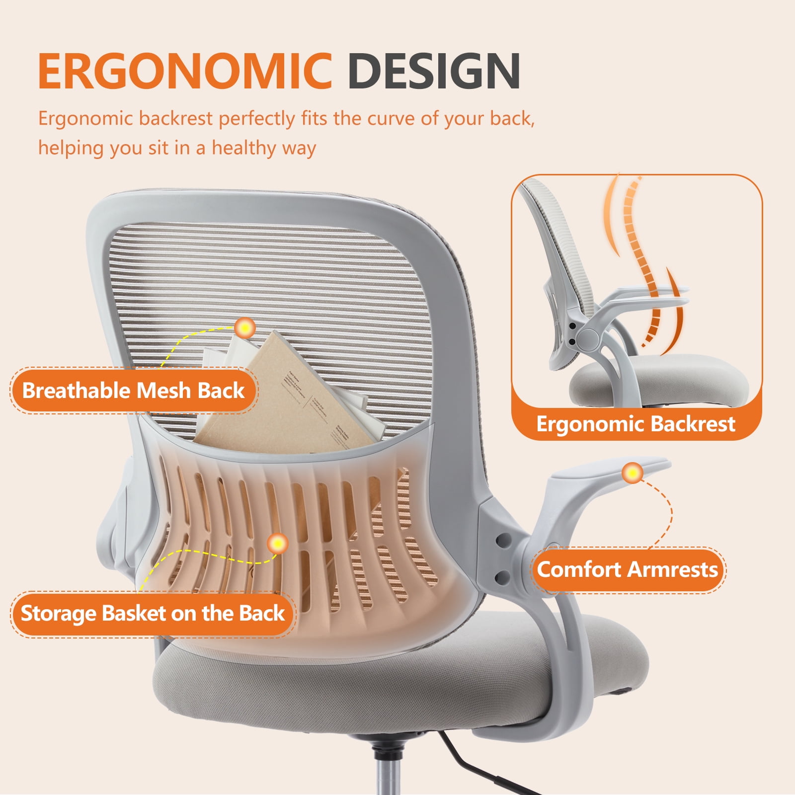 GIANNA Ergonomic Tall Mesh Office Chair with Storable Lumbar Support, Adjustable Foot Ring, Armrests, and Mid-Back Design – High Task Chair with Wheels, Gray