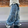 thumbnail image 4 of KAUOD Kids Teen Cargo Baggy Jeans Boys Loose High Waist Straight Wide Leg Hip Hop Stretchy Pants Retro Multi Pocket Streetwear, 4 of 8