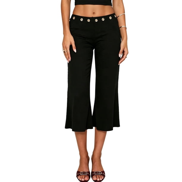 Pantalones capri para mujer, elegantes, con ojales metálicos, cintura elástica y corte acampanado.