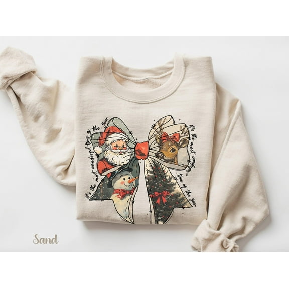 Wonderful Time Christmas Bow Sweatshirt | Vintage Holiday Santa Reindeer Snowman Pullover