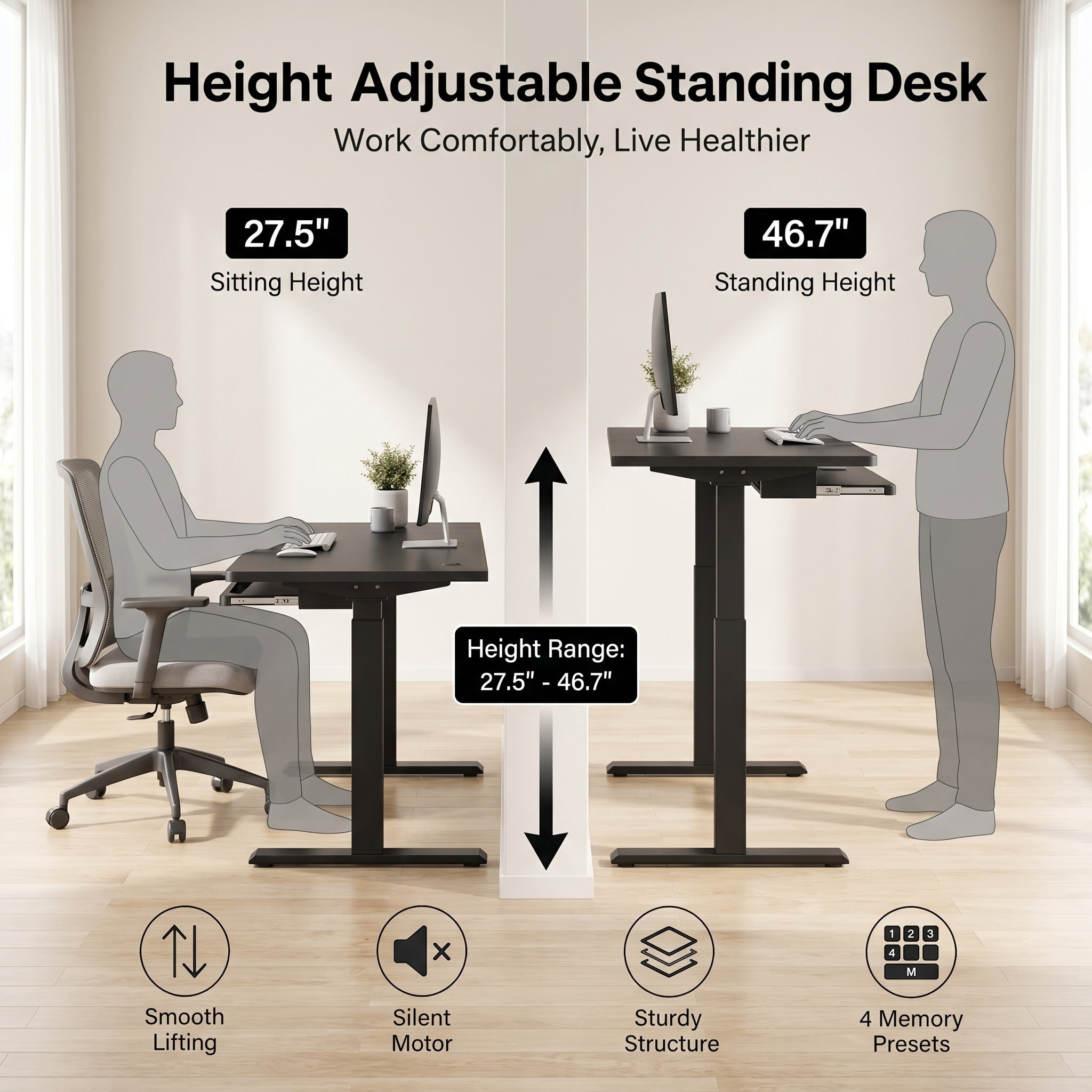 55" x 24" Electric Standing Desk with Keyboard Tray, Height Adjustable Sit Stand up Desk with Headphone Hook & 4 Height Memory Pre-Set for Home Office, Black