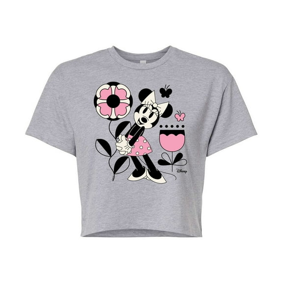 Disney - Minnie Mouse with Flowers & Butterflies - Juniors Cropped Cotton Blend T-Shirt