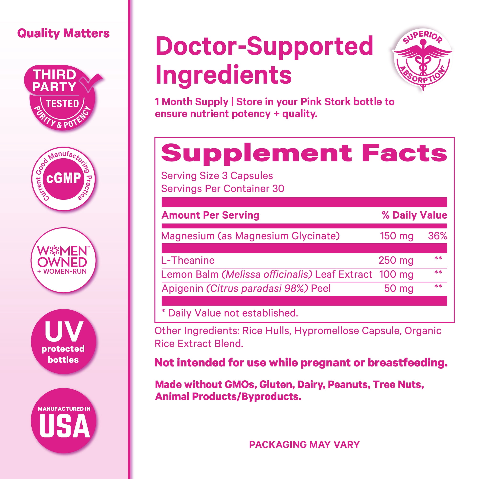 Pink Stork Magnesium Glycinate, L-Theanine, Lemon Balm - 90 Count