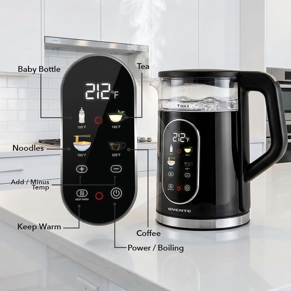 OVENTE Electric Kettle, 1.7L Fast Boiling Water Heater with Digital Touchscreen, Double-Wall Cool Touch Exterior, 5Hr Keep Warm, Auto-Shut Off, Boil-Dry Protection and Borosilicate Glass, Black KD96B