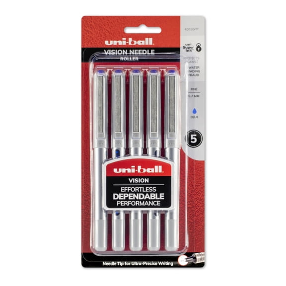 uni-ball® Vision™ Liquid Ink Rollerball Pens, Fine Point, 0.7 mm, Gray Barrel, Blue Ink, Pack Of 5 Pens