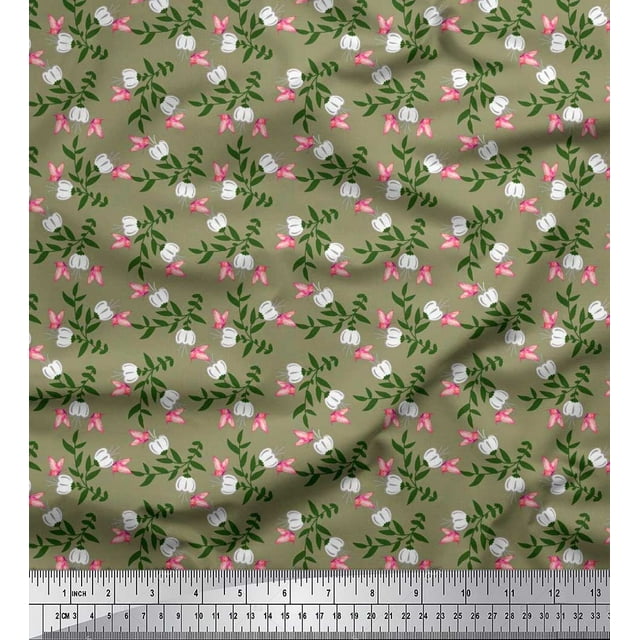 Soimoi Green Poly Georgette Fabric Leaves,Insect & Floral Artistic Print Sewing Fabric BTY 42 Inch Wide