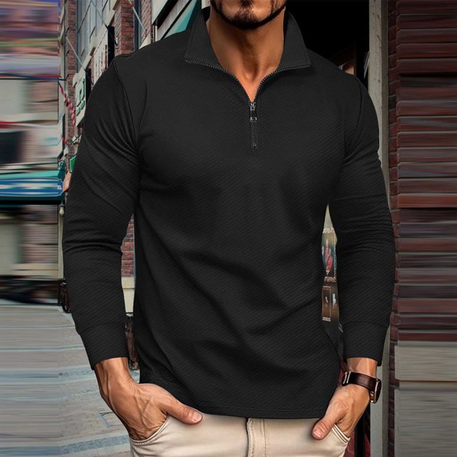Blusa y camisa de manga larga con cuello alto para hombre, informal, de color liso, con cremallera, de manga larga, con cuello alto, de poliéster.