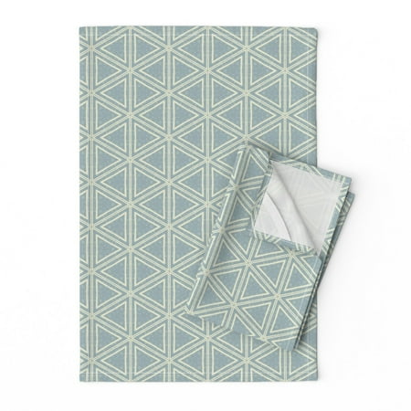 

Printed Tea Towel Linen Cotton Canvas - Fancy Slate Midcentury Modern Geometric Geo Hexagon Lines Blue Gray Tan Beige Distressed Neutral Print Decorative Kitchen Towel by Spoonflower