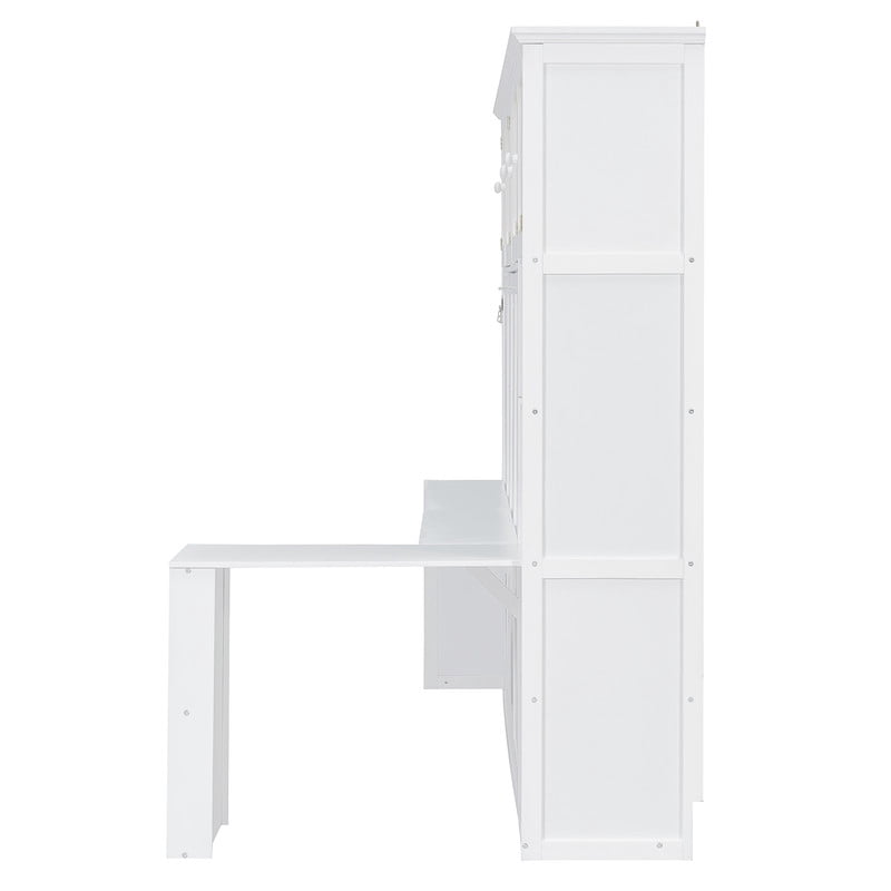 Full Size Murphy Bed with Desk and Open Shelf, Space-Saving Wall Folding Platform Bed Frame with Rattan-Door Cabinets