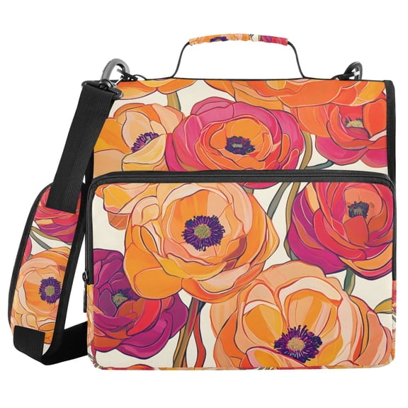 FORMRS Zipper Binder with Shoulder Strap 2-inch Ring 500 Sheet Capacity File Bag, Orange Hand Drawn Floral