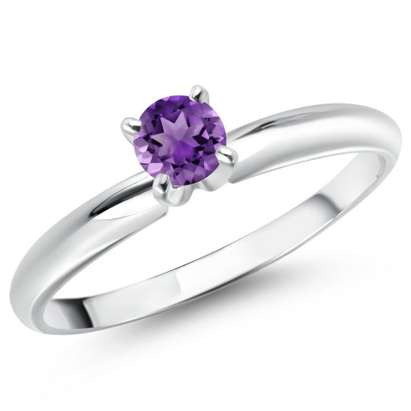 Gem Stone King 14K White Gold Purple Amethyst Solitaire Engagement Ring for Women (0.25 Cttw, Round 4MM, Gemstone February Birthstone, Size 8)