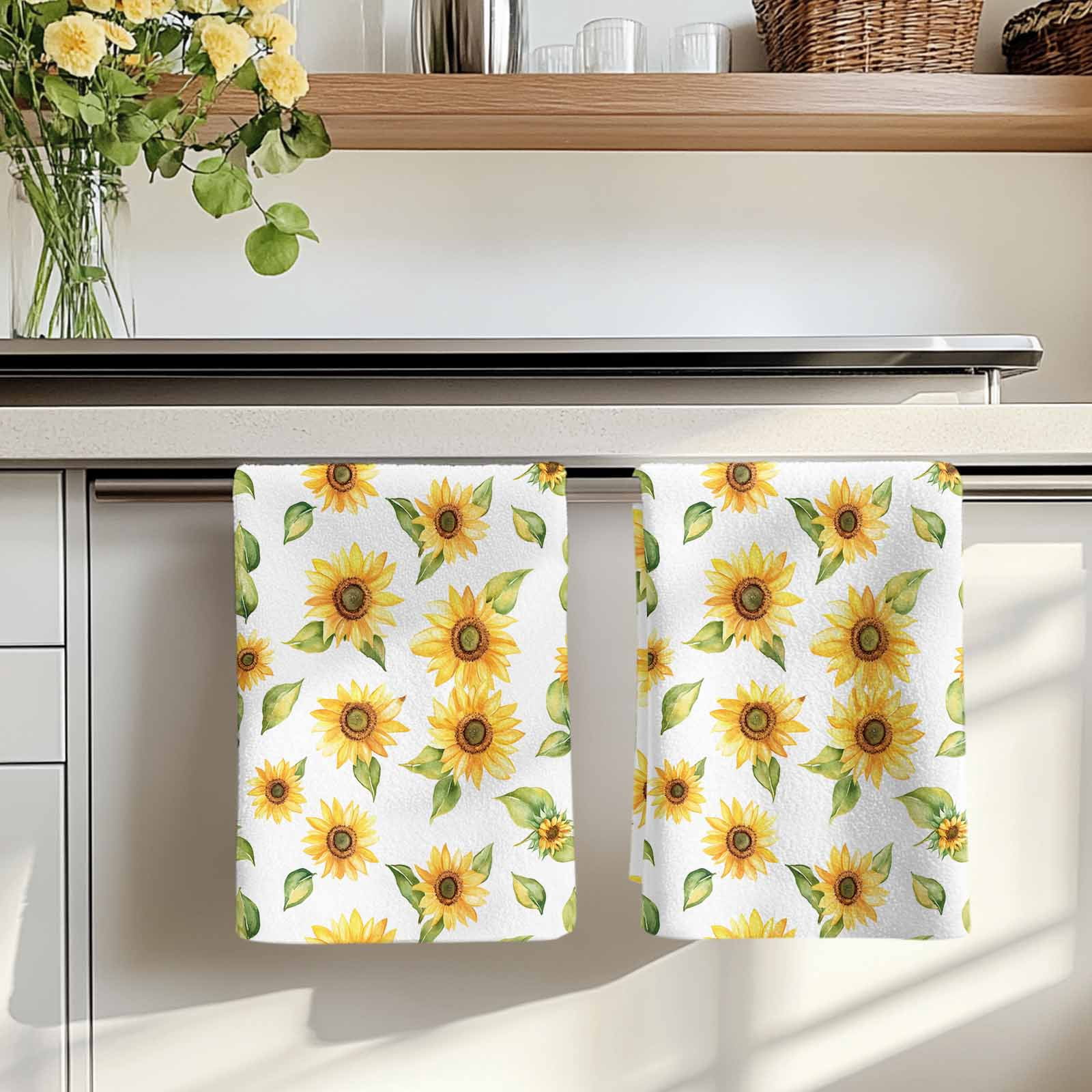 Summer Sunflowers Kitchen Towels Set of 2, Watercolor Botanical Floral Leaves Absorbent Dish Towels for Kitchen, Microfiber Hand Towel, Quick Drying Tea Towel for Cleaning Decorative Dishcloths
