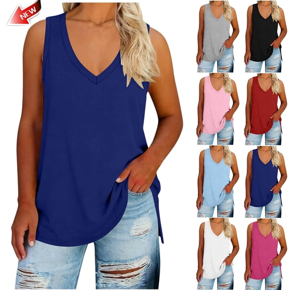 Taqqpue Women's Plus Size Tank Tops Sleeveless Cotton Flowy Shirts Blouses Casual Loose Beach Vacation Solid Color V Neck T Shirt for Women XL-XXXXXL