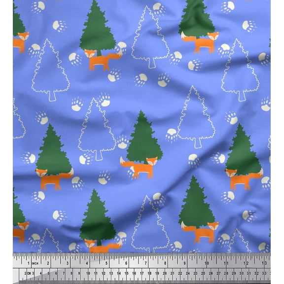 Soimoi Georgette Viscose Fabric Tree,Footprint & Fox Cartoon Decor Fabric Printed Yard 42 Inch Wide