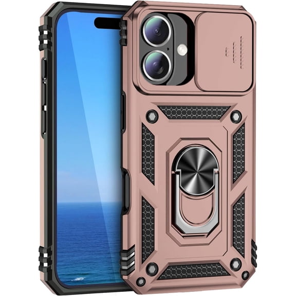 KOMI Phone Case for iPhone 16 Plus, iPhone 16 Plus Case with Slide Lens Cover & Built-in 360° Rotate Ring Stand Magnetic Shockproof Protective Cover 16Plus Case for iPhone 16 Plus Rose Gold