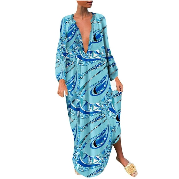 Fesfesfes Fall and Winter Dress Women Sexy Long Sleeve Printed V-Neck Long Dresses Sale Tops on Clearance