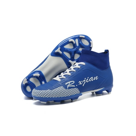 

Welliumy Unisex Football Shoes Training Soccer Cleats Professional Sneakers Indoor Outdoor Athletic Shoe Sports High Top Firm Ground Royal Blue Orange 9.5