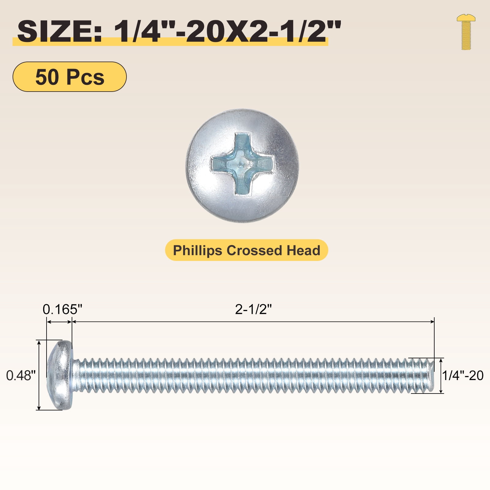 Uxcell Phillips Pan Head Machine Bolts (1/4"-20x2-1/2") 50Pcs, Carbon Steel Pan Head Mounting Screws - for Home Door Window Installment Electrical DIY, Zinc Coated