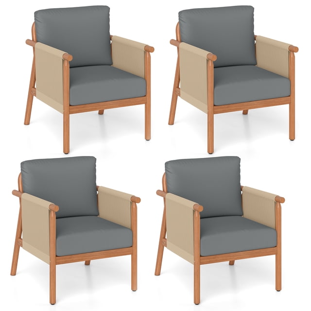 Gymax 4PCS Patio Acacia Wood Chair w/ Woven Rope Armrests & Seat Back Cushions Gray