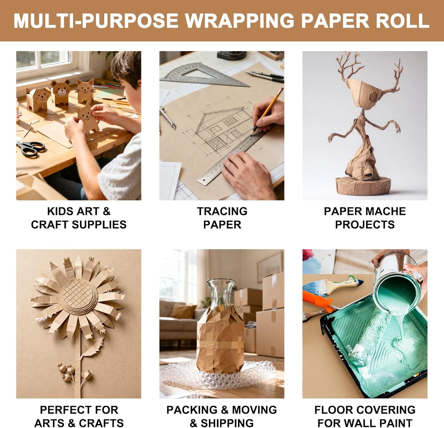 36" x 1,200"(100') Brown Kraft Paper Roll for Bulletin Board, Wrapping Craft Paper Roll for Gift Packing Banner Art Table Covering Bouquet Flower Packing Moving Shipping 75GSM