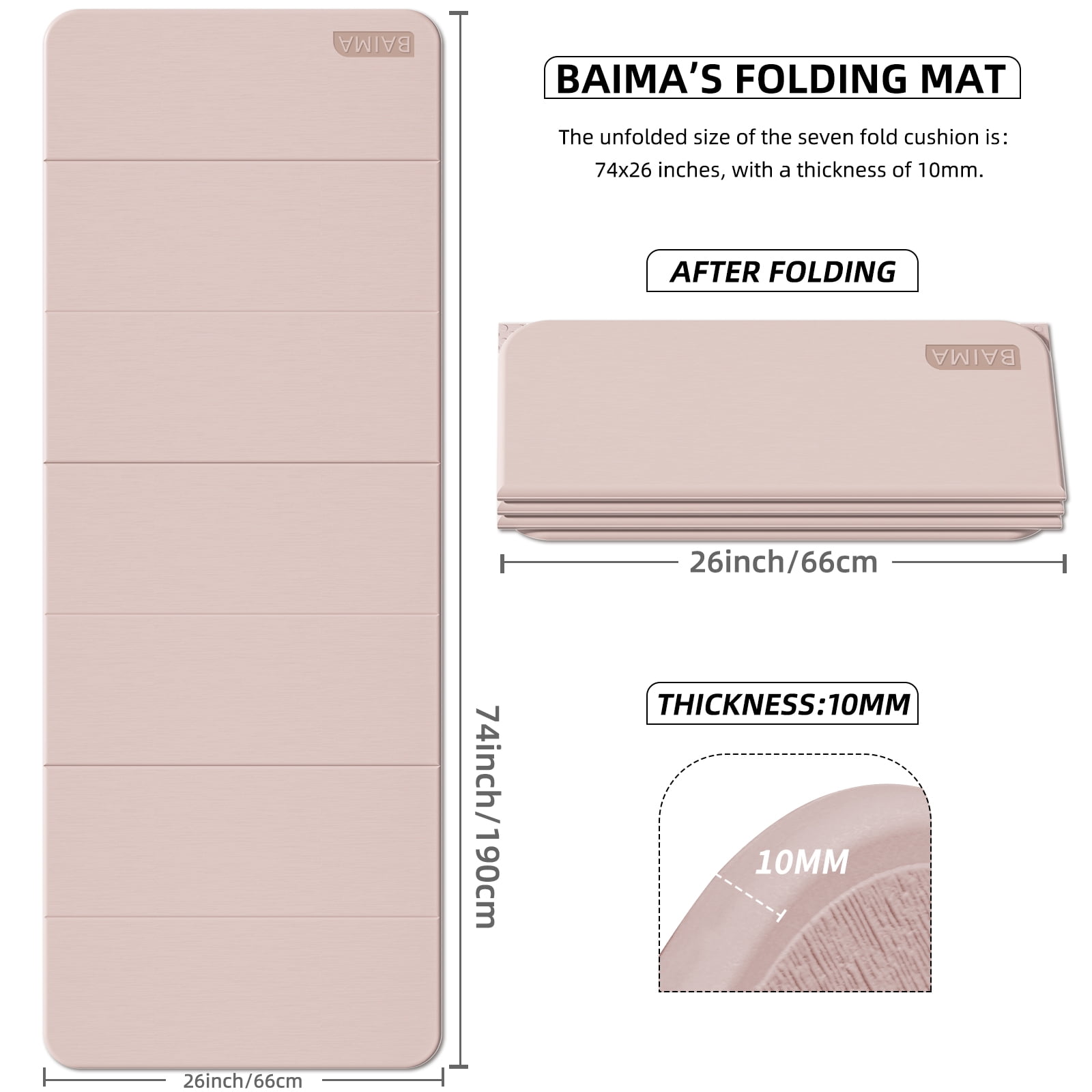 BAIMA Stretching Foldable Yoga Mat 10mm Thick,Workout Mats for Home Gym,Pilates,Quick Unfold/Stor,Non-Slip Surface,3.5lbs(Apricot)