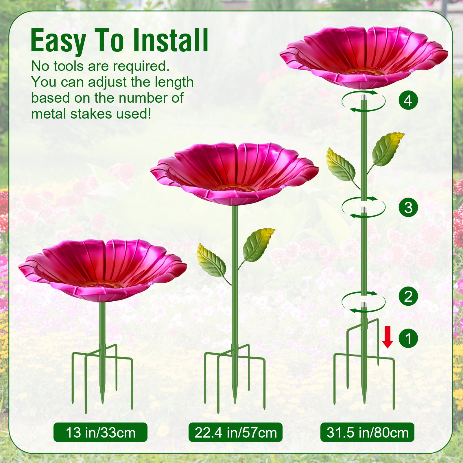 LANNEY Metal Bird Baths for Patio Outdoors, 31.5 Inch Height Large Birdbath Birdfeeder with Metal Stake Stand and 5-Prong Base Detachable Freestanding Bird Bath for Garden Yard Lawn Backyard Decor