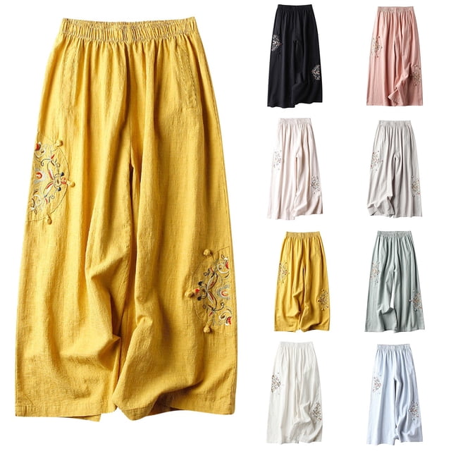 Sentmoon Womens Linen Pants Solid Color High Elastic Waist Comfy Pants Plus Size Loose Fit Wide Leg Trendy Summer Boho Pants Beach Essentials for Family for Working Out and Gym Green XXXL