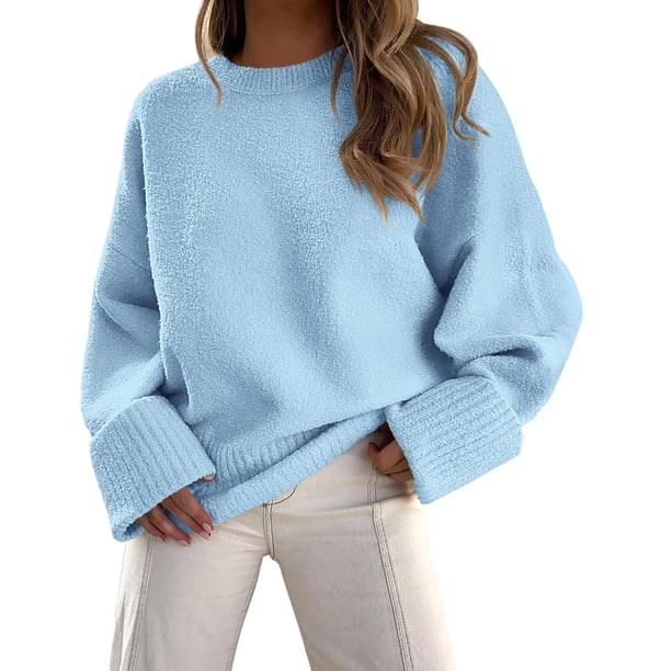 Suéter PRETTYGARDEN Oversized Peludo Cuello Redondo Azul Claro S