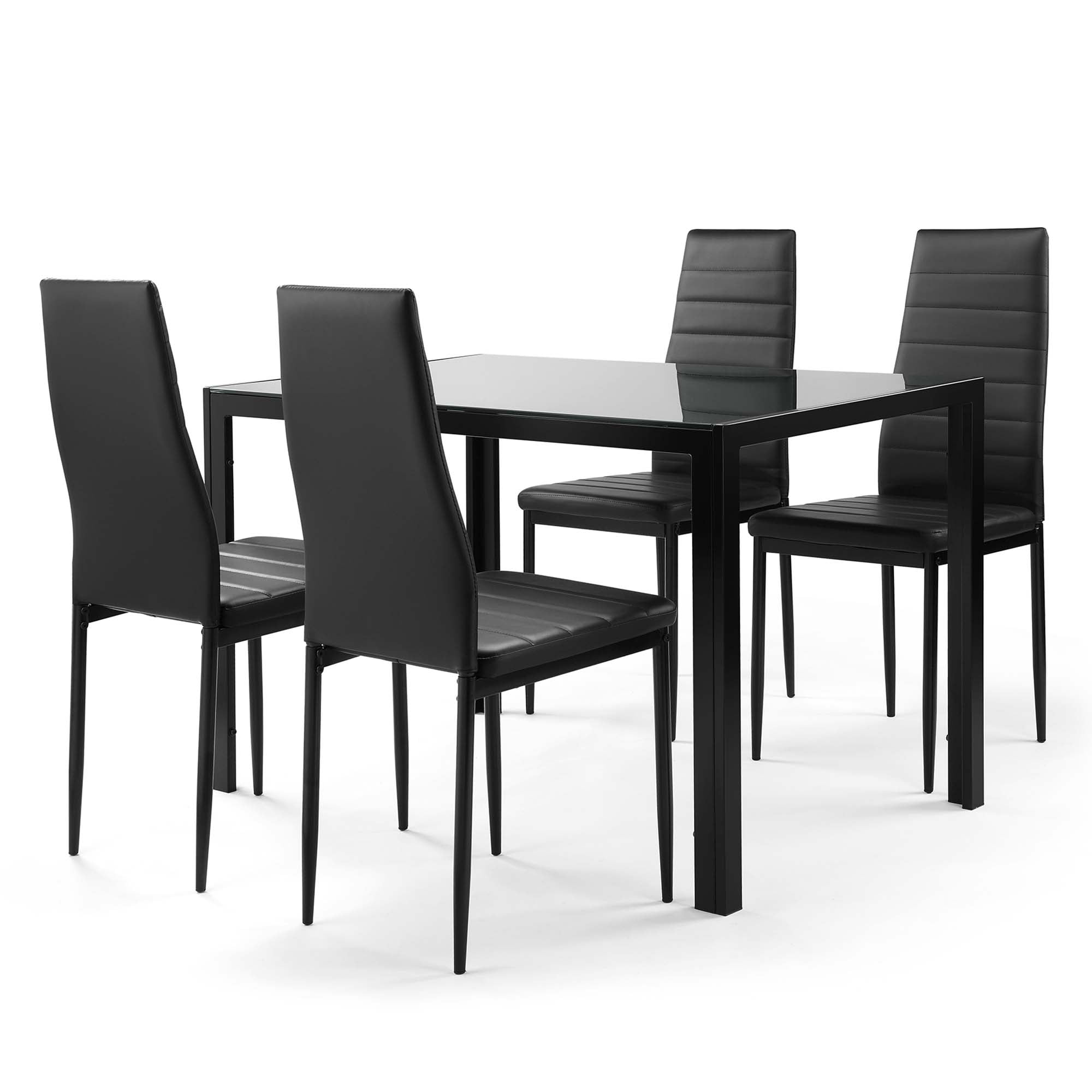 Aukfa 5-Piece Dining Table Set for Dining Room, Kitchen, Dinette, w/Glass Tabletop, 4 Faux Leather Metal Frame Chairs - Black