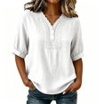 thumbnail image 3 of Womens Embroidered Cotton Linen Tops Summer Casual Boho Linen Mid Cuffed Sleeve Shirts V Neck Vacation Work Daily Blouses, L, 3 of 8