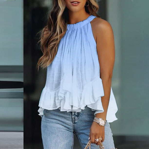 Sleeveless Tops for Women Trendy Round Neck Gradient Ruffle Peplum Tops  Casual Loose Flowy Going out Blouses Shirts