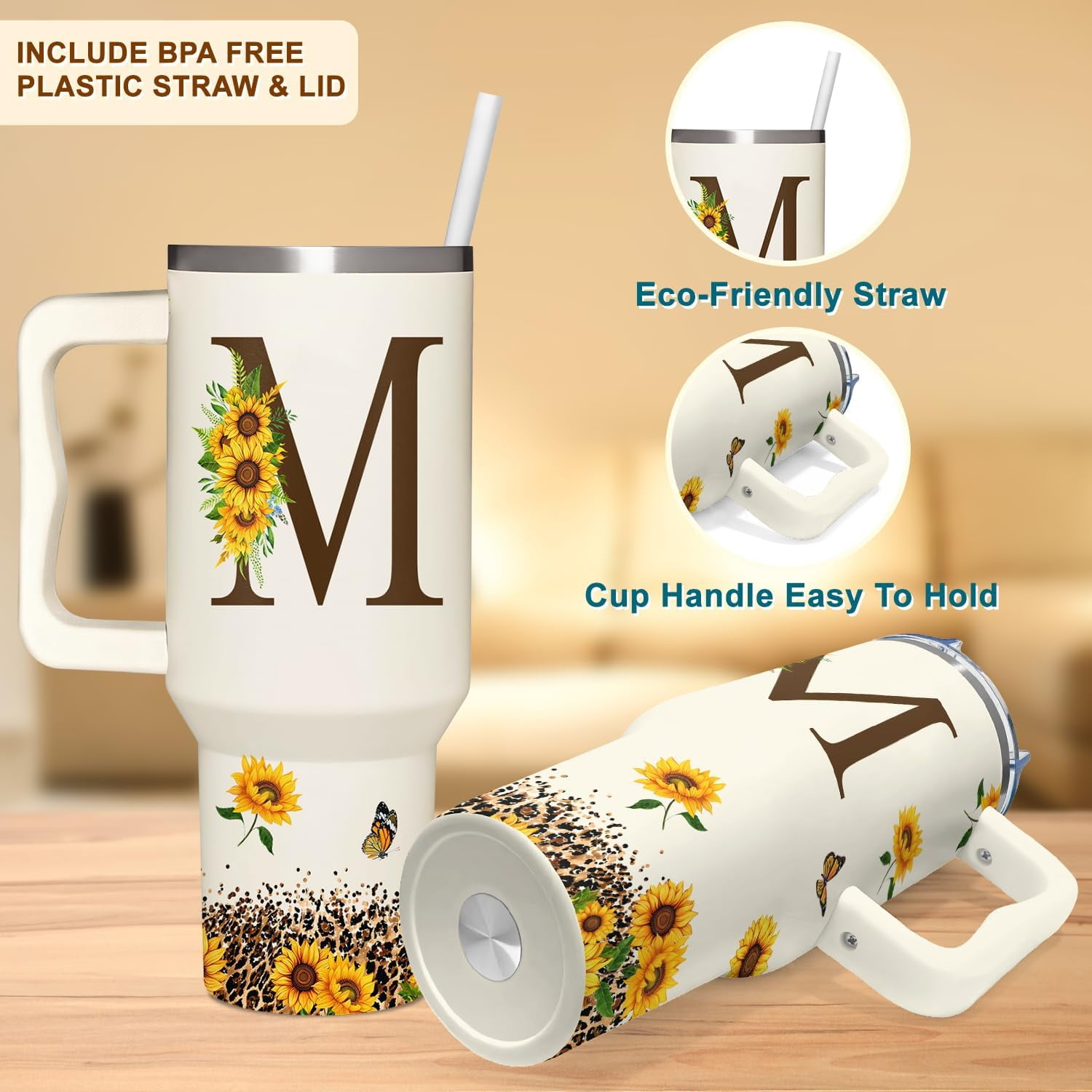 Personalized Birthday Gifts For Women - Sunflowers Monogrammed Cup For Boss Day, Christmas - Customized Gifts For Women, Mom, Wife, Coworkers, Boss Lady, Her - Custom Tumbler With Handle 40oz