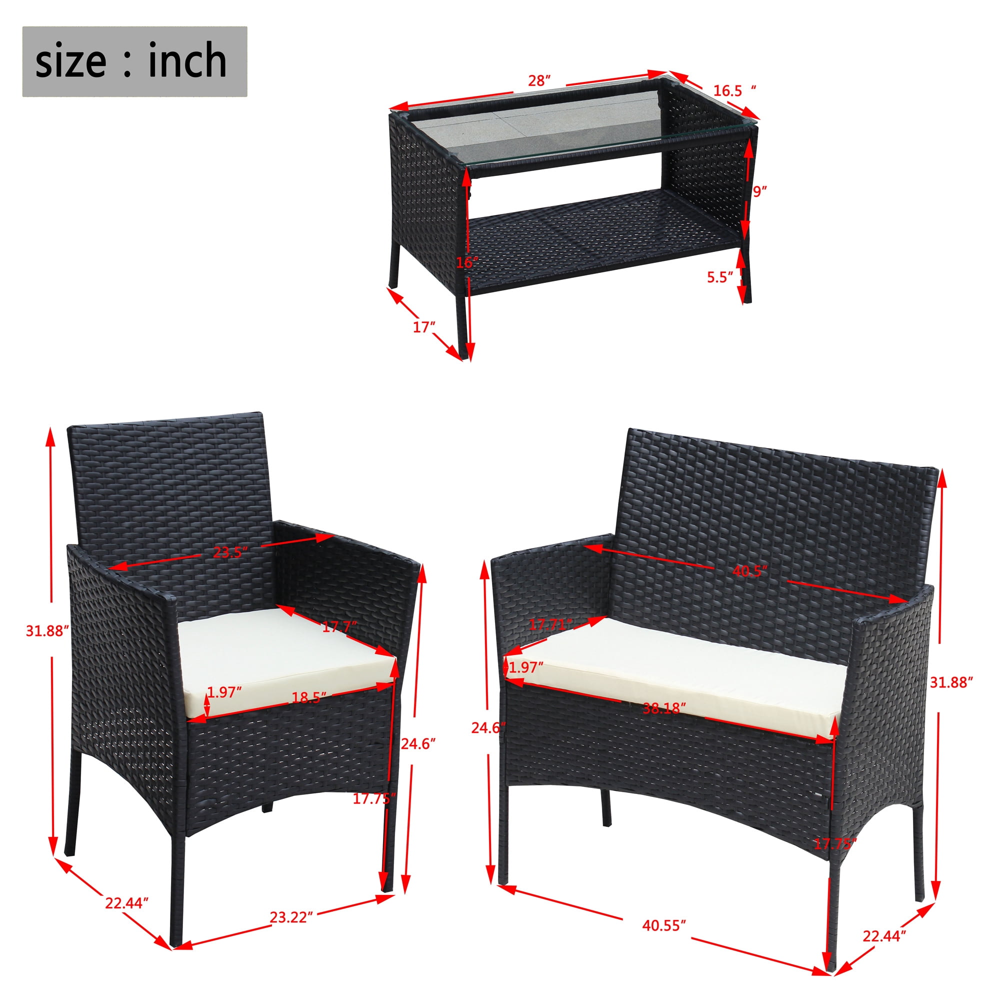 Aukfa 4 Piece Rattan Outdoor Patio Conversation Sofa Set with Table & Cushions, Beige
