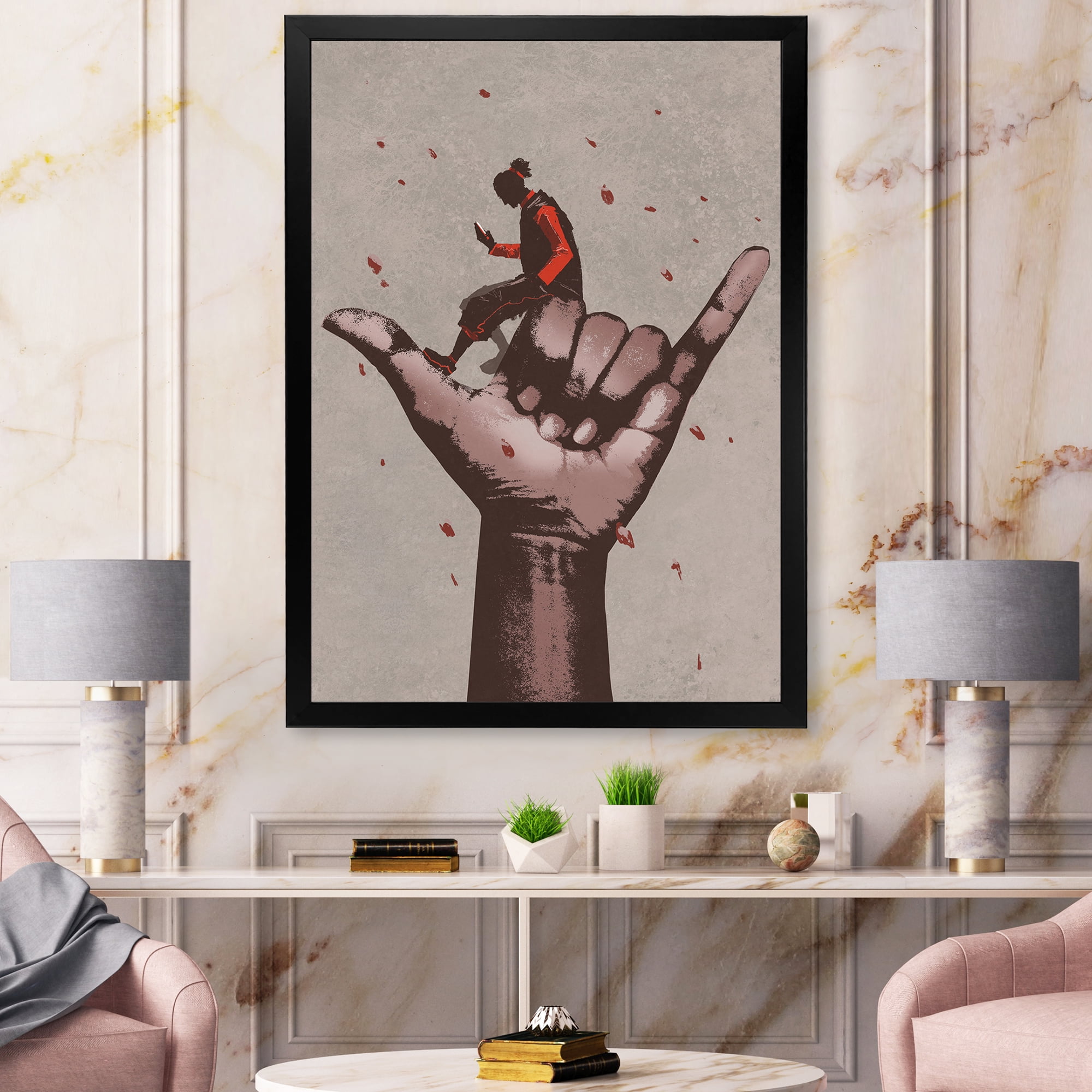 Designart 'Man Using Mobile Phone With Call Me Sign' Modern Framed Art Print