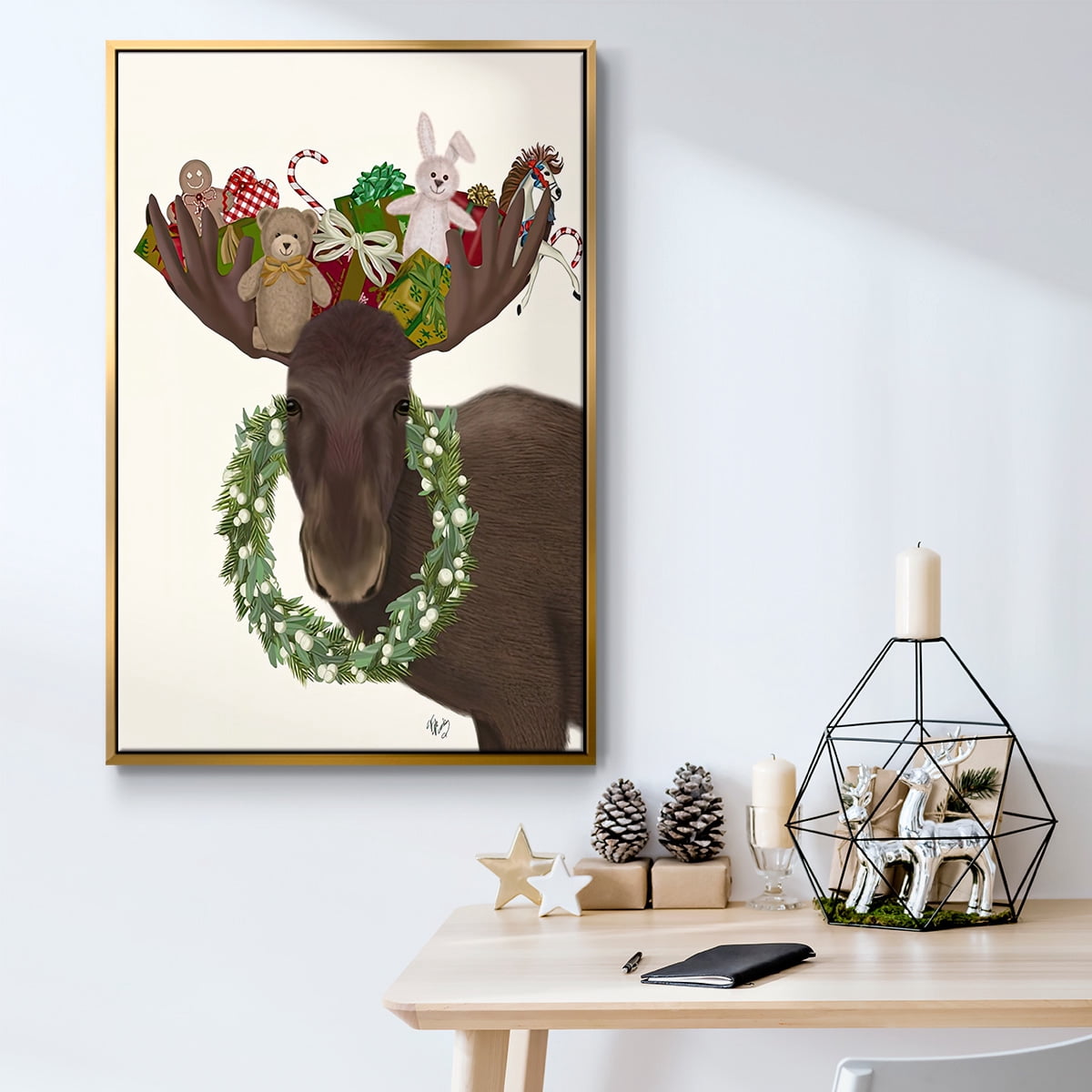 Christmas Moose and Christmas Gifts - Framed Gallery Wrapped Holiday Canvas - 27 x 41 - Gold Frame