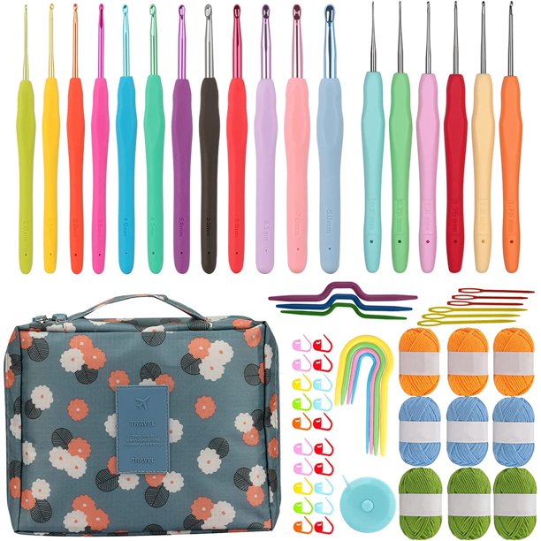 Kits de ganchillo para principiantes, 62 piezas, juego de ganchos de ganchillo, kit de hilo de color aleatorio, aguja de ganchillo ergonómica con bolas de hilo de 3 colores para amantes del ganchillo, calcetines de punto, bufanda, guantes (azul) Kuyhfg Bienvenido a Kuyhfg